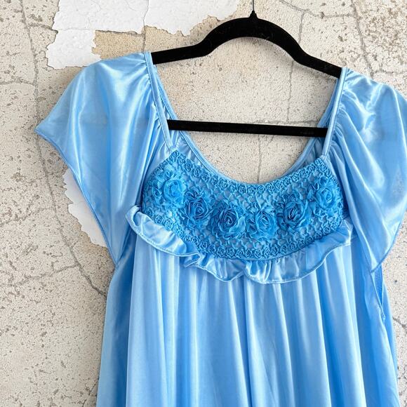 Satin Nightgown Long Lounge Dress Light Blue Rosette Ruffle Womens L Grandmacore - Picture 2 of 8